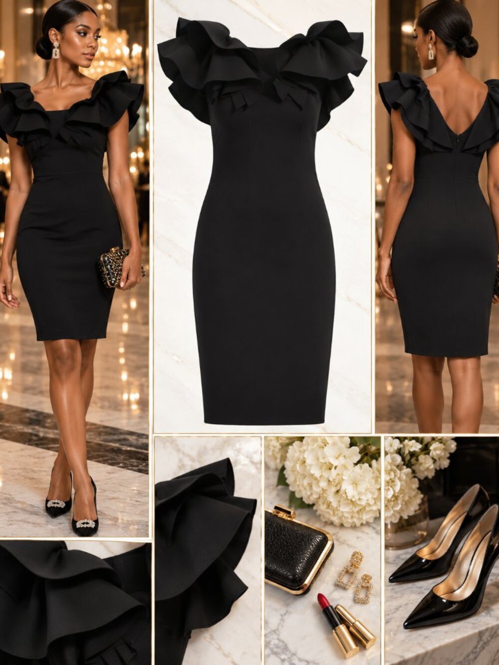 Anne Klein Black Ruffle Shoulder Sheath Cocktail Dress Size 6 NWT